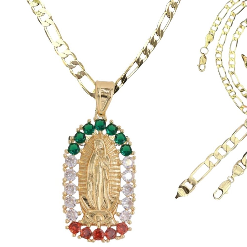 14K GP Virgin of Guadalupe Pendant Cubic Zirconia Figaro Link Chain 18-24-Inch